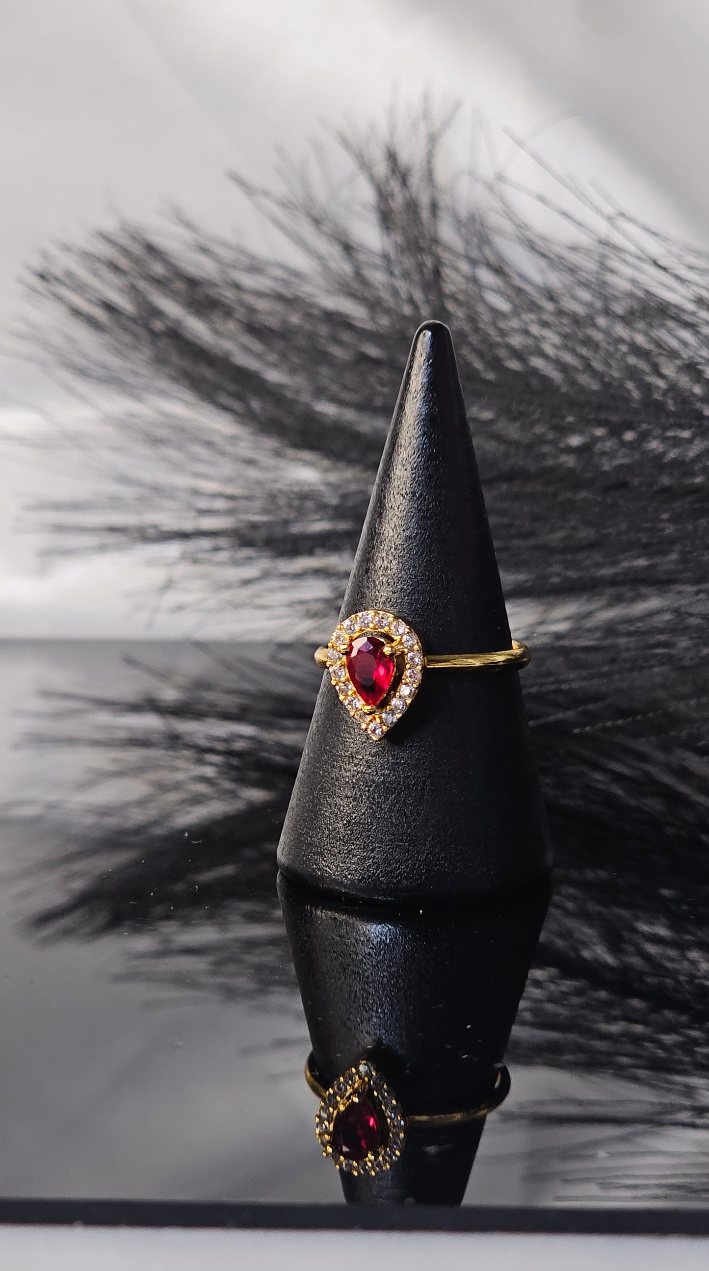 Elegant Pear-Cut Crimson Halo Ring | 24K Gold Plated Adjustable