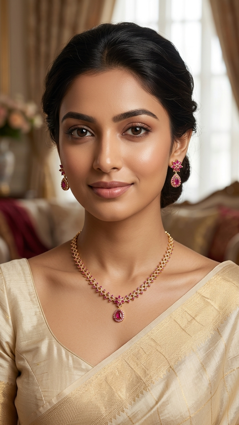 24k Gold Plated Ruby Pink Floral Necklace Set with Matching Earrings