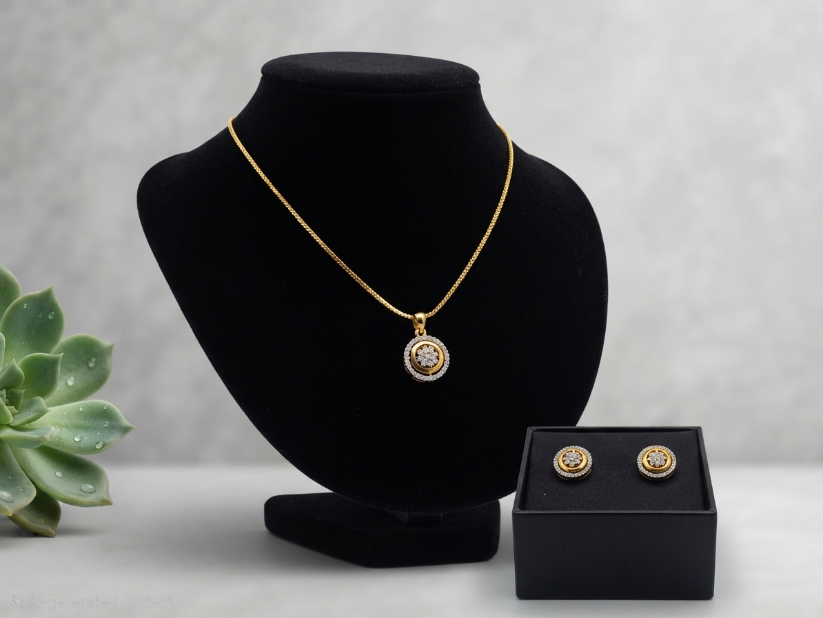 Elegant Diamond Replica Pendant & Earring Set with 24k Gold-Plated Chain