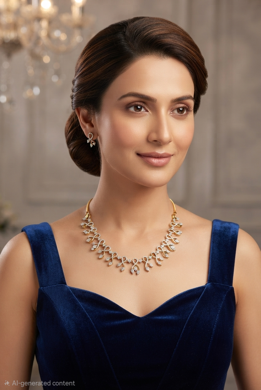 Elegant Leaf-Pattern Diamond Replica Necklace & Earring Set