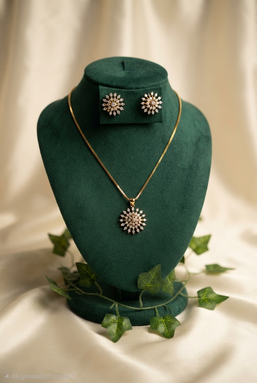 24K Gold-Plated Diamond Replica Sunburst Pendant & Chain Set