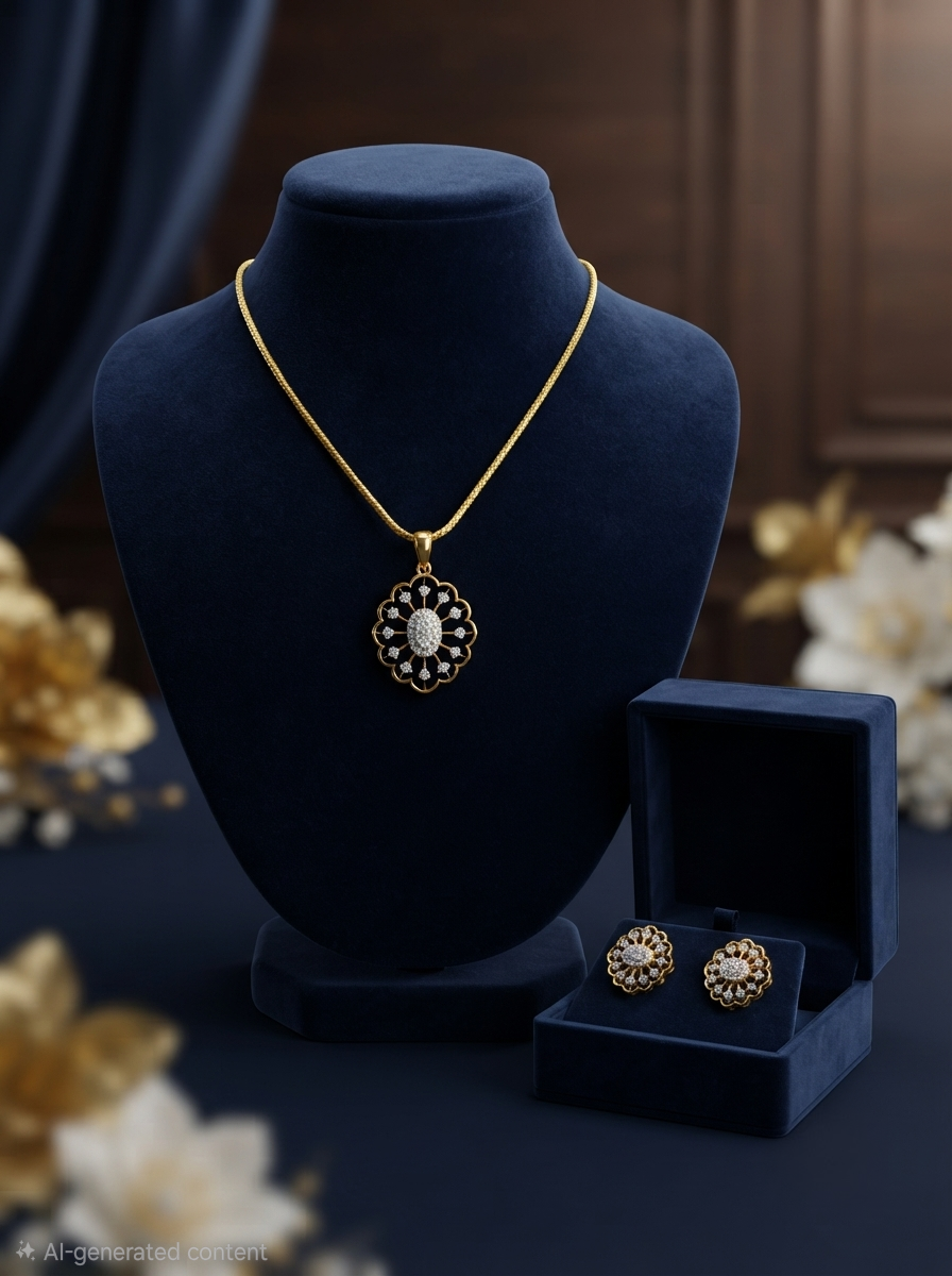 Ethereal Blossom Diamond Replica Pendant & Earring Set with 24K Gold-Plated Chain