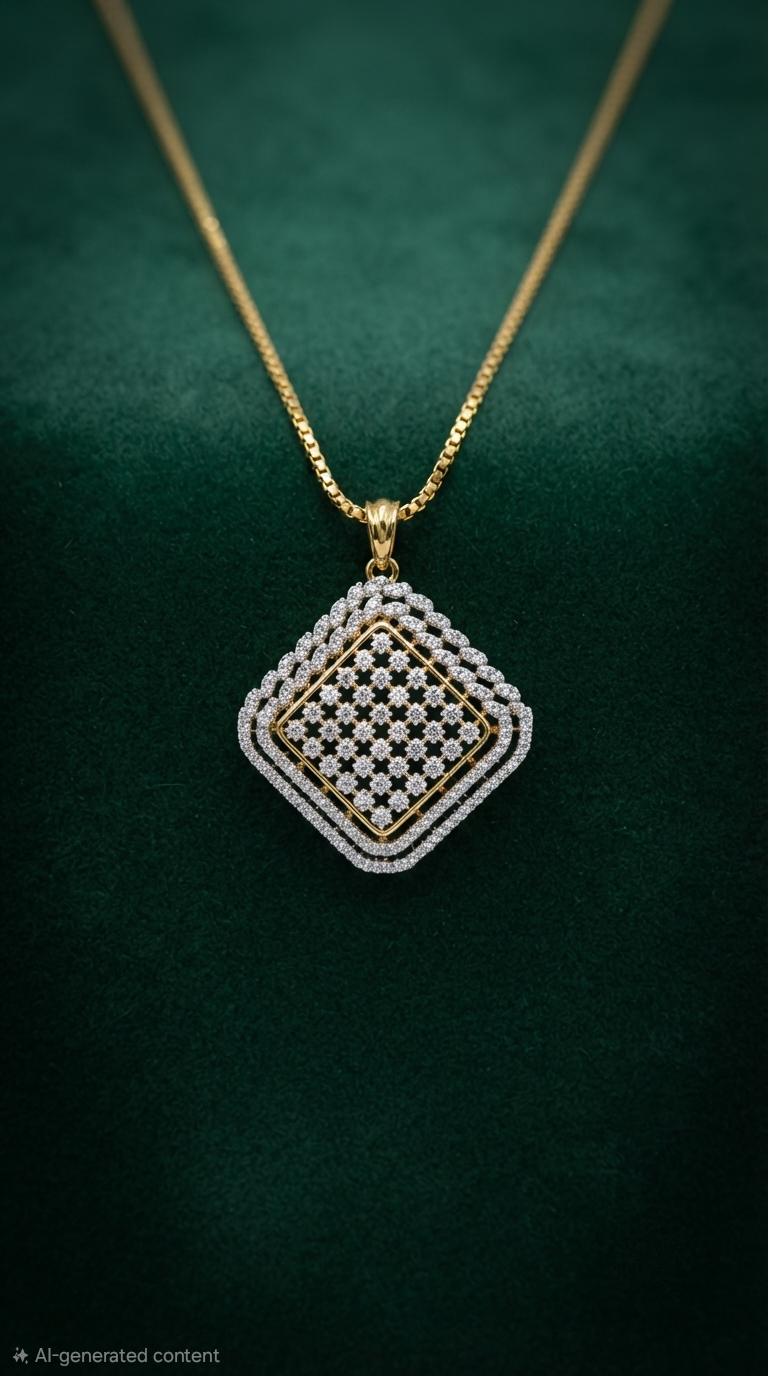 Radiant Diamond Replica Square Pendant Set with 24K Gold-Plated Chain