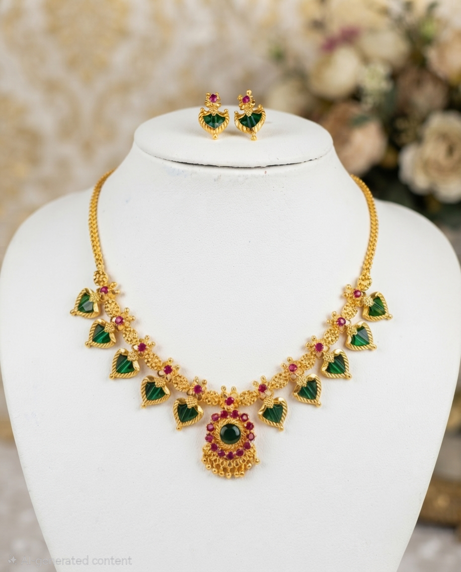 Exquisite 24K Gold-Plated Ruby & Emerald 5 petals Leaf Necklace Set