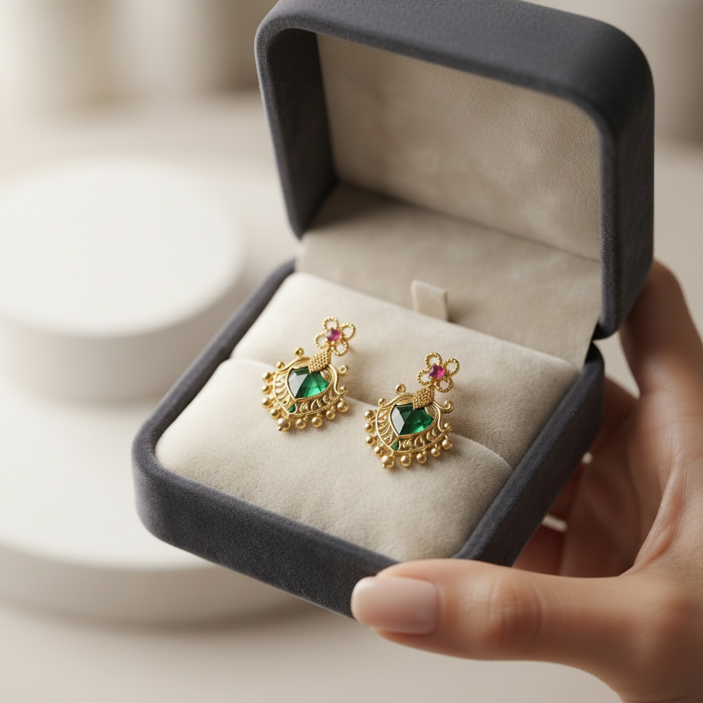 Royal Heritage Gold-Plated Earrings with Green and Red Stones
