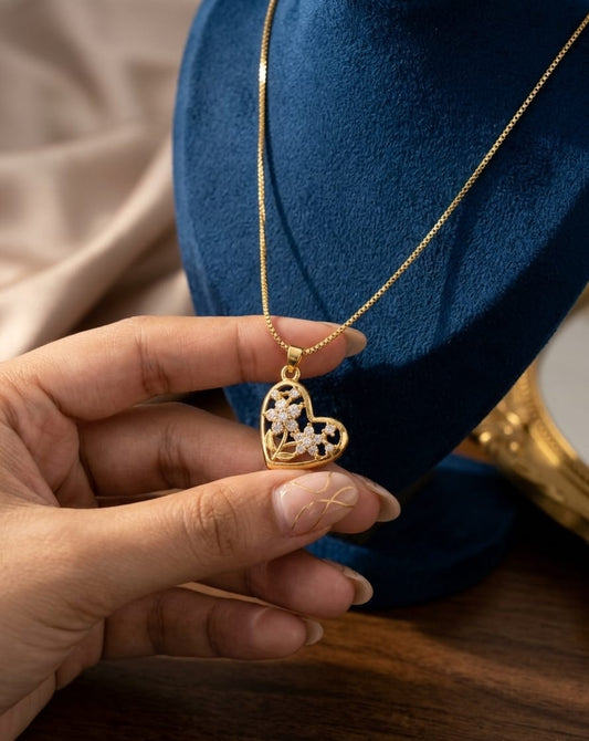 24K Gold Plated Crystal Floral Heart Necklace