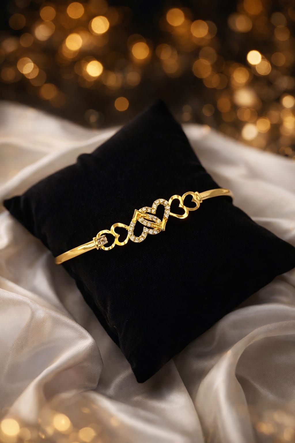 Romantic Interlocking Heart Adjustable Gold Plated Bangle