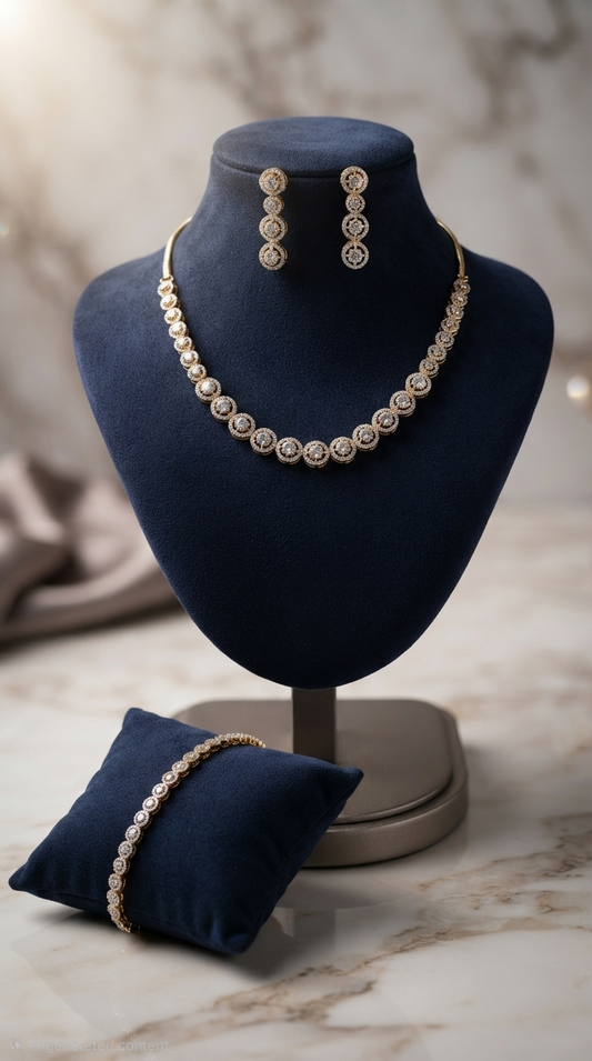 Elegance Circular CZ Diamond Replica Necklace, Bracelet & Earring Set