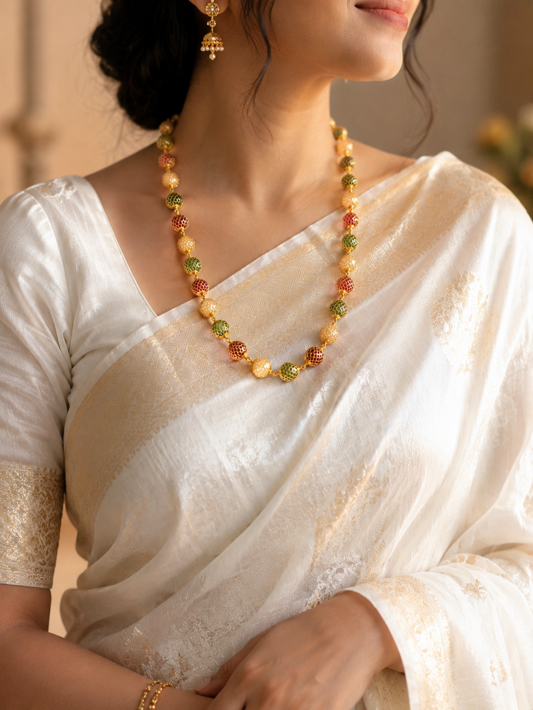 24K Gold Plated Designer Bead Necklace with Enamel Detailing. Multicolour and pearl color Available.
