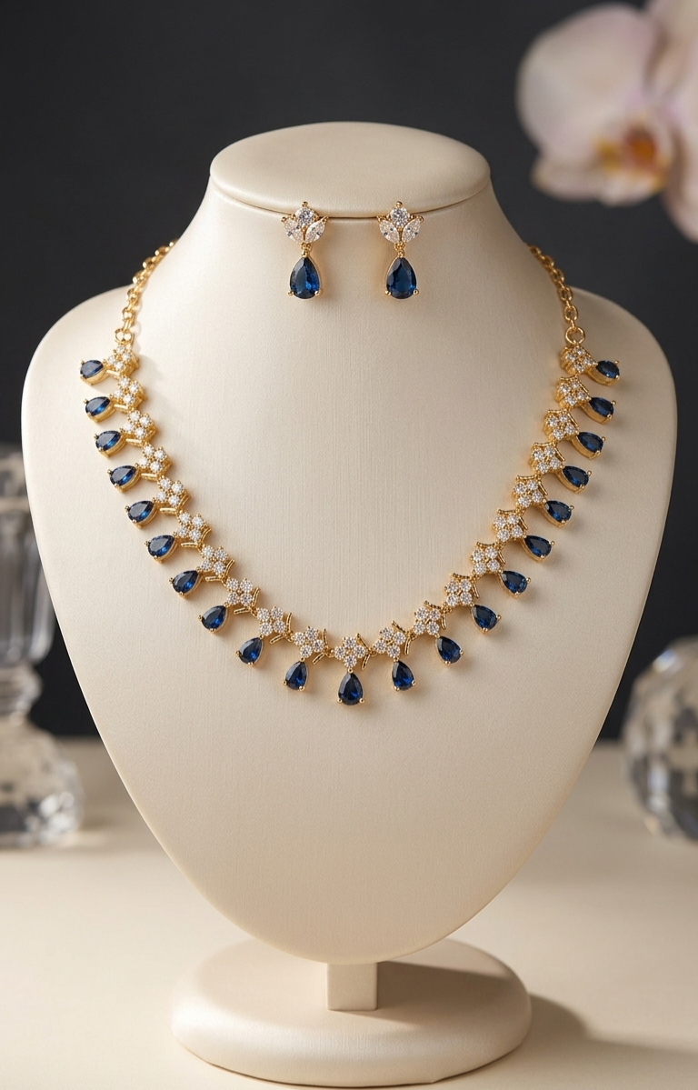 24k Gold Plated Jewellery Set – Green Crystal Teardrop Necklace & Earrings