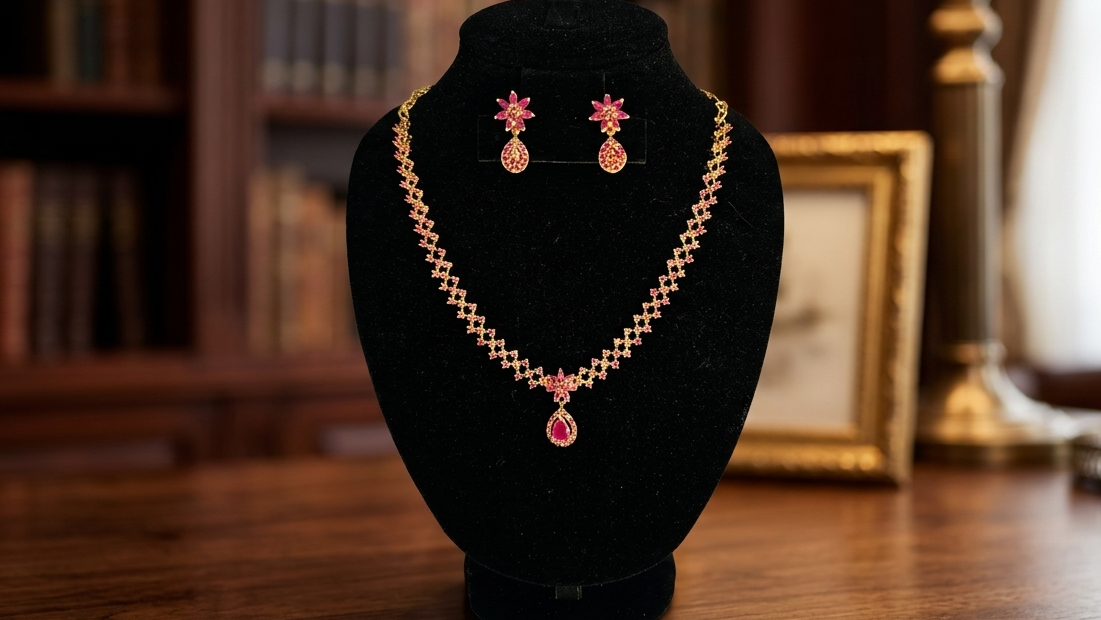 24k Gold Plated Ruby Pink Floral Necklace Set with Matching Earrings