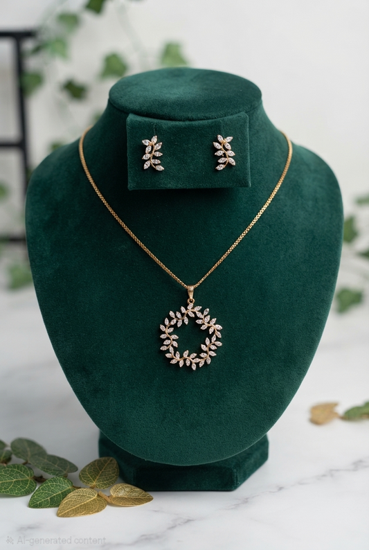 Gold-Plated Leaf Cluster Pendant Set with Diamond Simulants