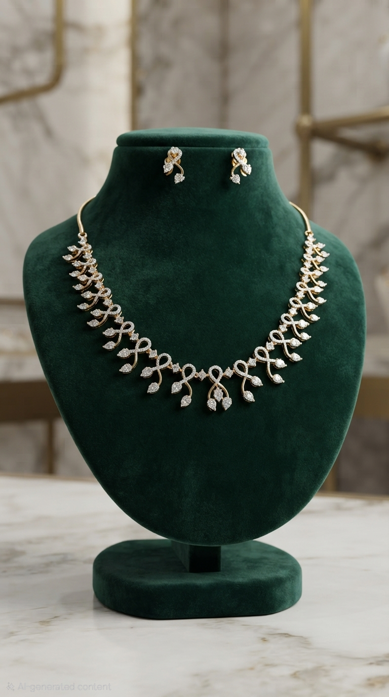 Elegant Leaf-Pattern Diamond Replica Necklace & Earring Set