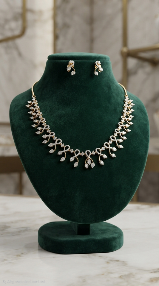 Elegant Leaf-Pattern Diamond Replica Necklace & Earring Set