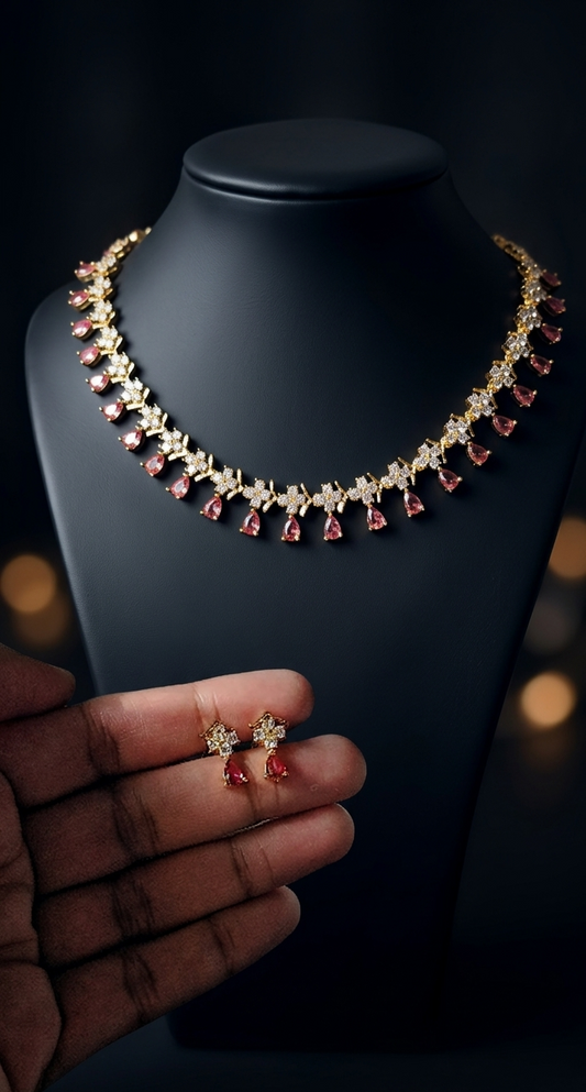 24k gold plated Pink Teardrop Diamond Jewelry Set