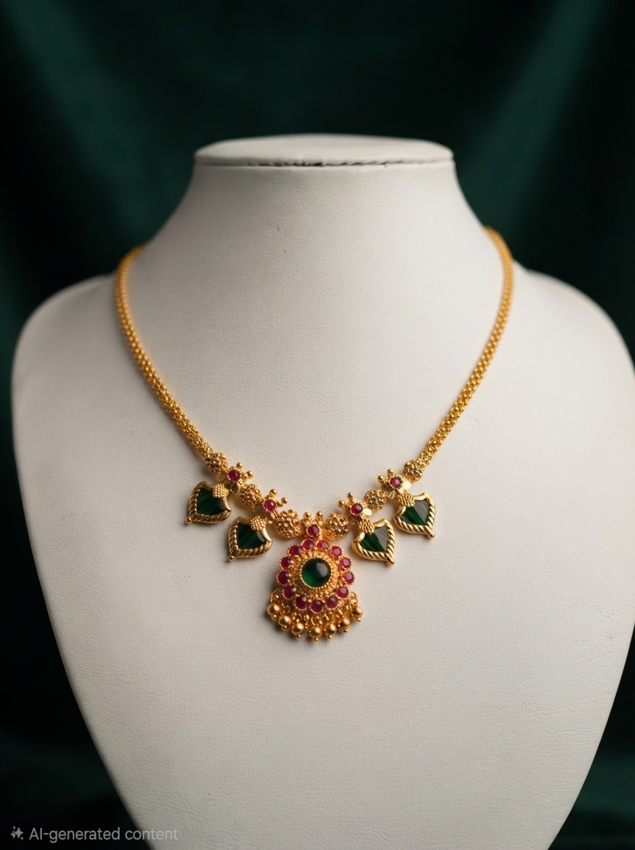 Exquisite 24K Gold-Plated Ruby & Emerald 2 petals Leaf Necklace Set