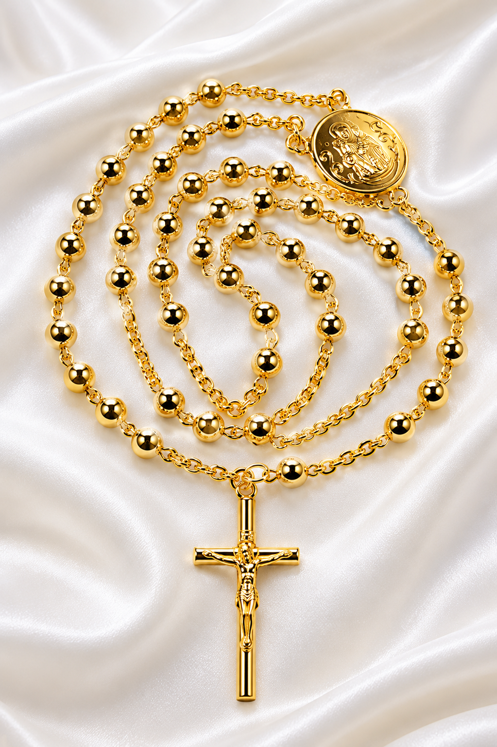 24K Gold Plated Rosary Necklace with Crucifix & Miraculous Medal