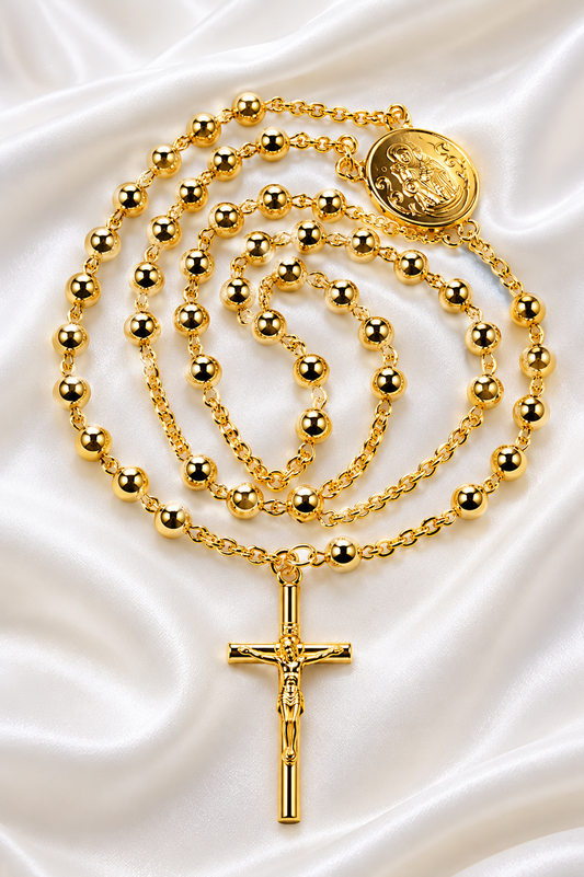 24K Gold Plated Rosary Necklace with Crucifix & Miraculous Medal