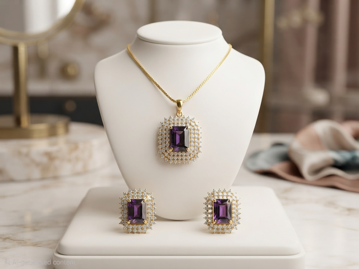 Royal Amethyst & Diamond Replica Jewelry Set | 24k Gold-Plated Chain