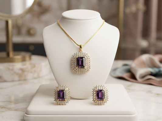 Royal Amethyst & Diamond Replica Jewelry Set | 24k Gold-Plated Chain