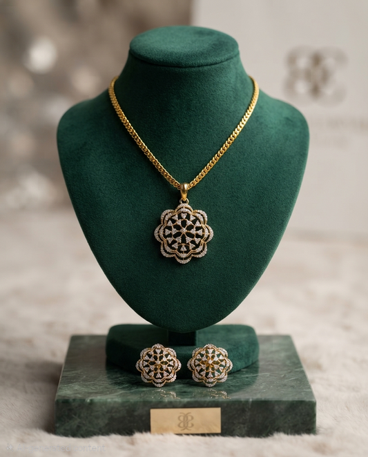 Luminous Floral Diamond Replica Jewelry Set with 24K Gold-Plated Chain