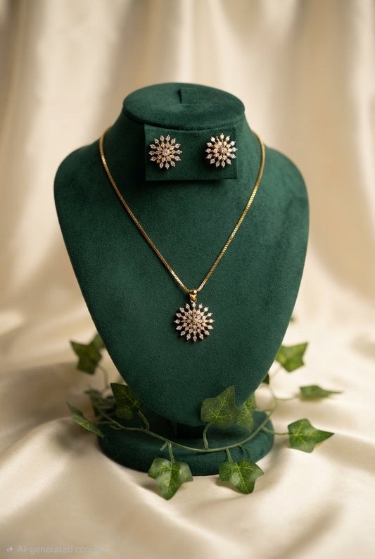 24K Gold-Plated Diamond Replica Sunburst Pendant & Chain Set