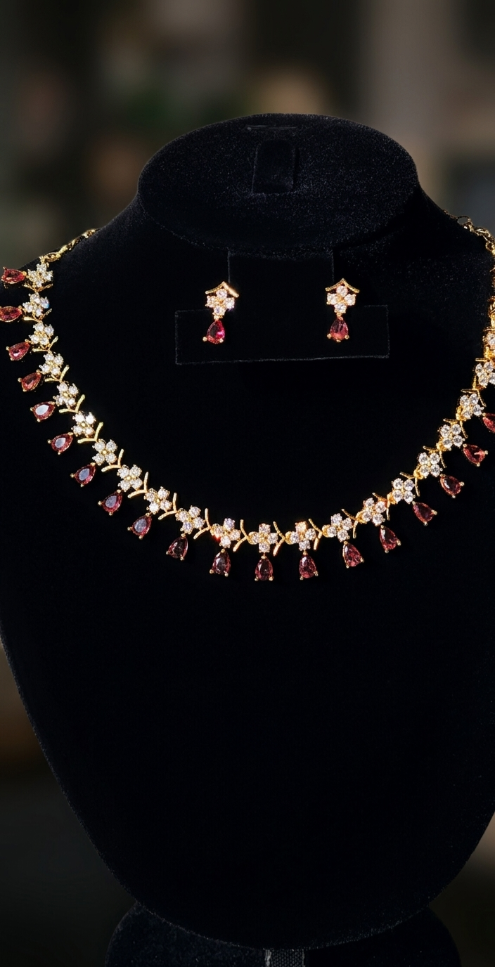 24k gold plated Pink Teardrop Diamond Jewelry Set