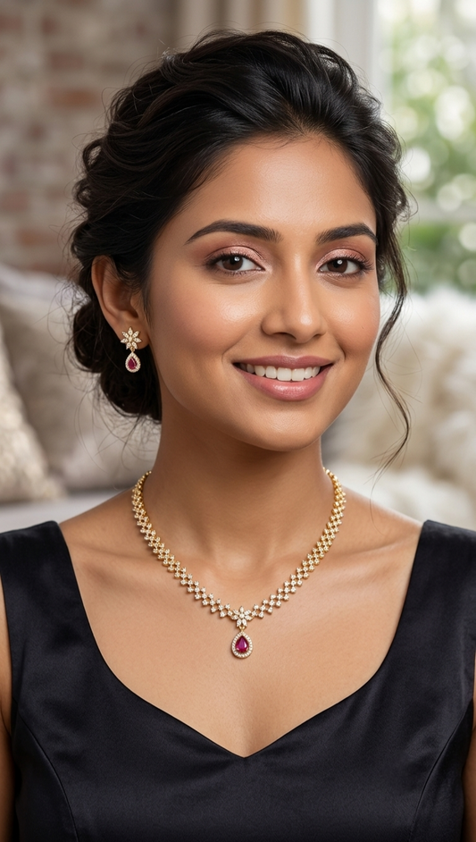 Aura of Royalty – 24K Gold Plated Ruby & Diamond Flora Jewelry Set