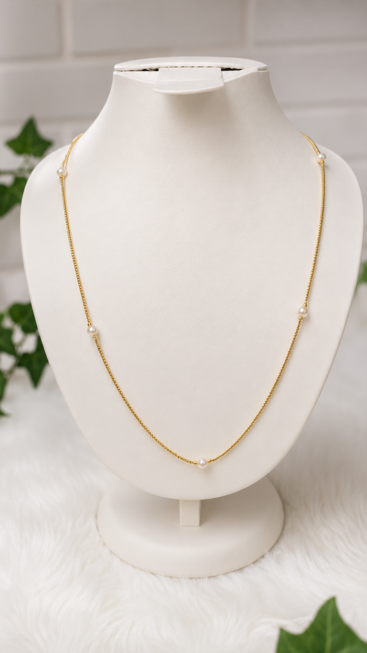 24k Gold Plated Delicate Pearl Station Chain Necklace