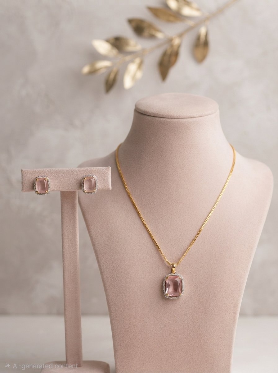 Radiant Blush Diamond Replica Necklace and Earrings Set | 24K Gold-Plated Chain