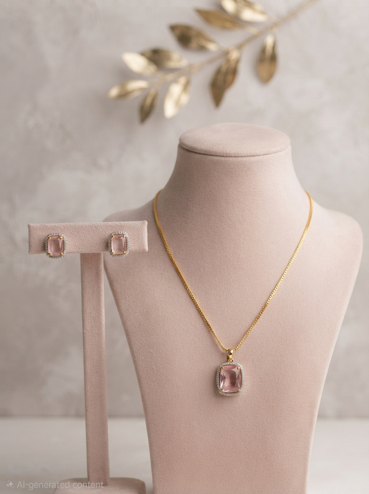 Radiant Blush Diamond Replica Necklace and Earrings Set | 24K Gold-Plated Chain