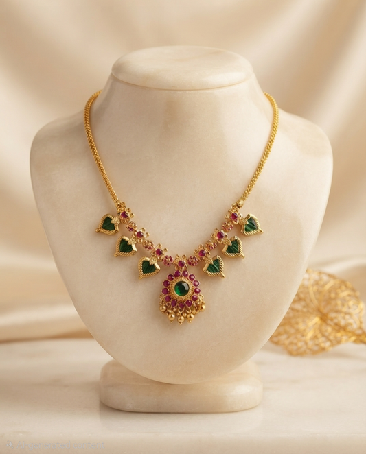 Exquisite 24K Gold-Plated Ruby & Emerald 3 petals Leaf Necklace Set