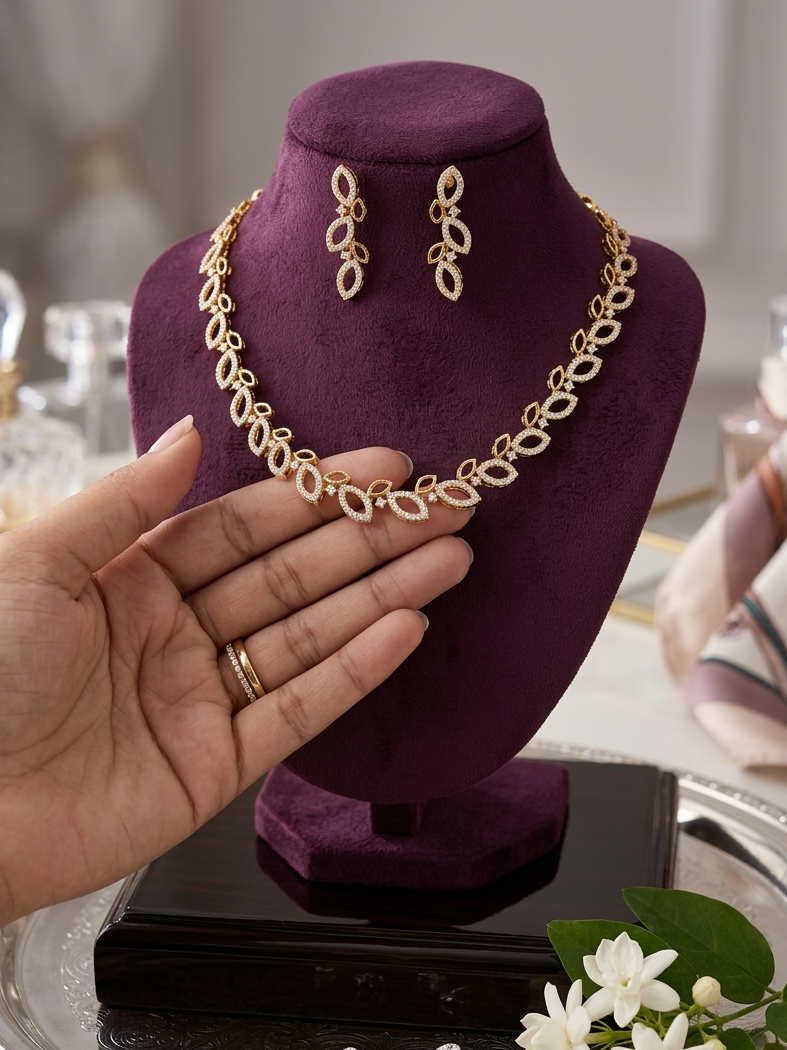 The Radiant Leaf: 24k Gold Plated Marquise Necklace & Earring Set