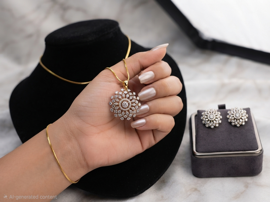 Radiant Floral Diamond Replica Set with 24k Gold-Plated Chain
