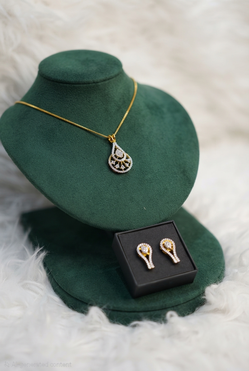 Diamond Replica Teardrop Pendant and Matching Earrings