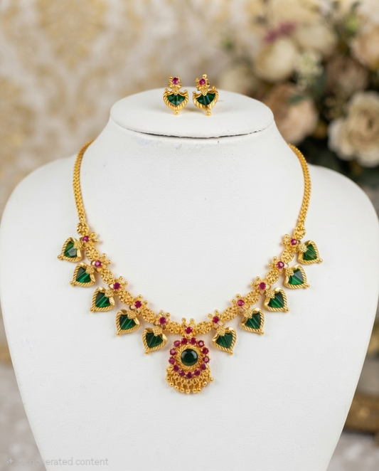 Exquisite 24K Gold-Plated Ruby & Emerald 5 petals Leaf Necklace Set