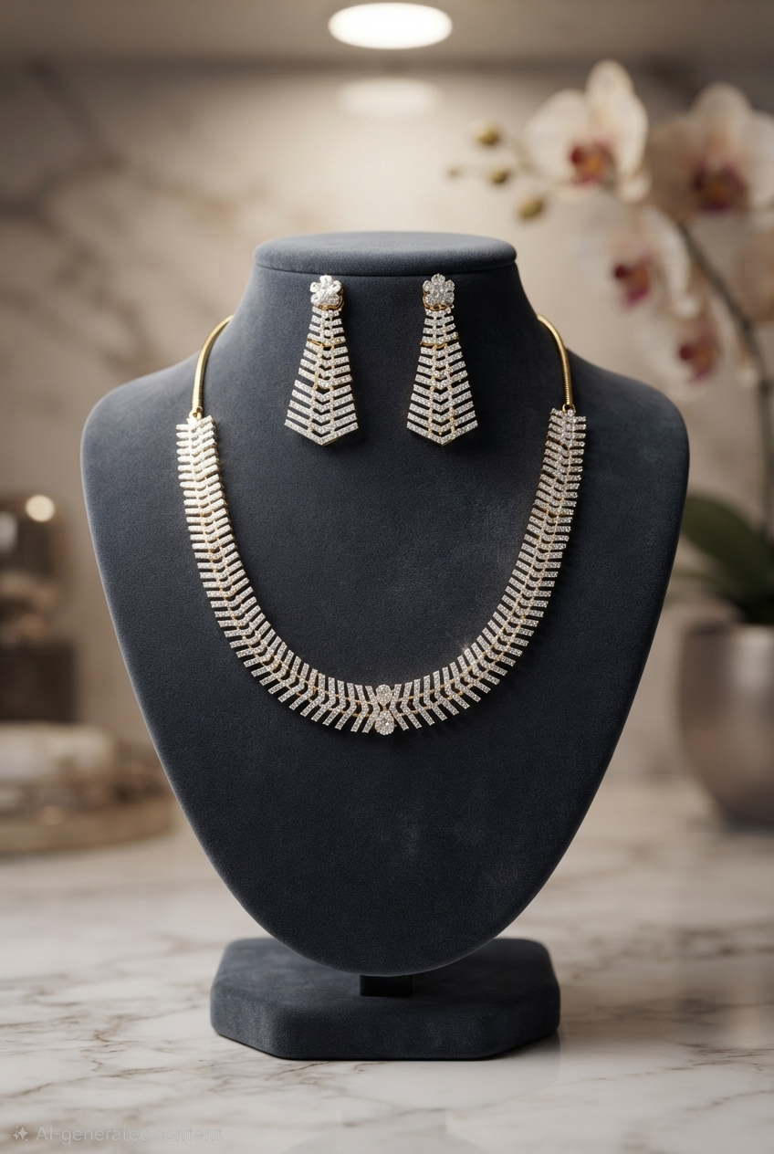 Elegance Chevron Diamond Replica Necklace & Earring Set | Luxury Statement Jewelry