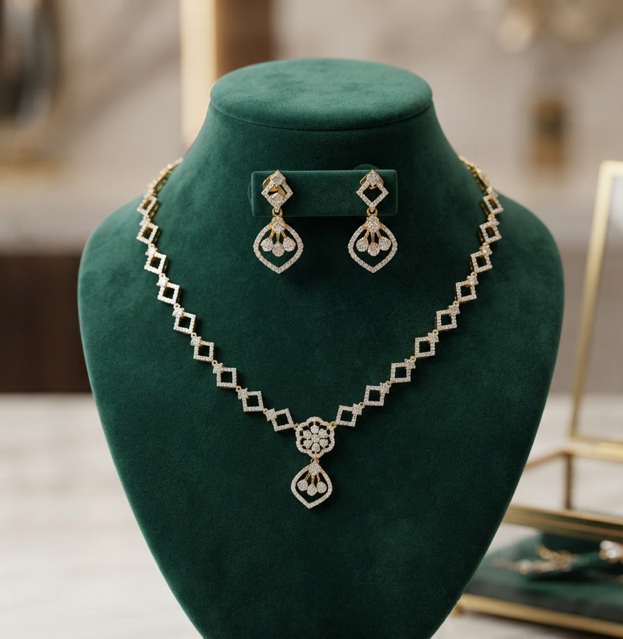 Radiant Geometric Diamond Replica Necklace & Earring Set | Elegant Gold-Plated Jewelry