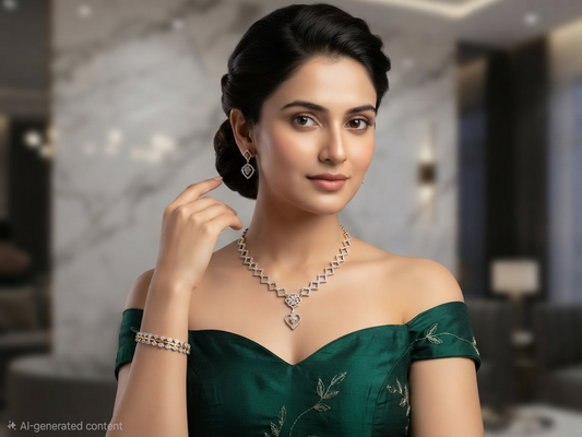 Radiant Geometric Diamond Replica Necklace & Earring Set | Elegant Gold-Plated Jewelry
