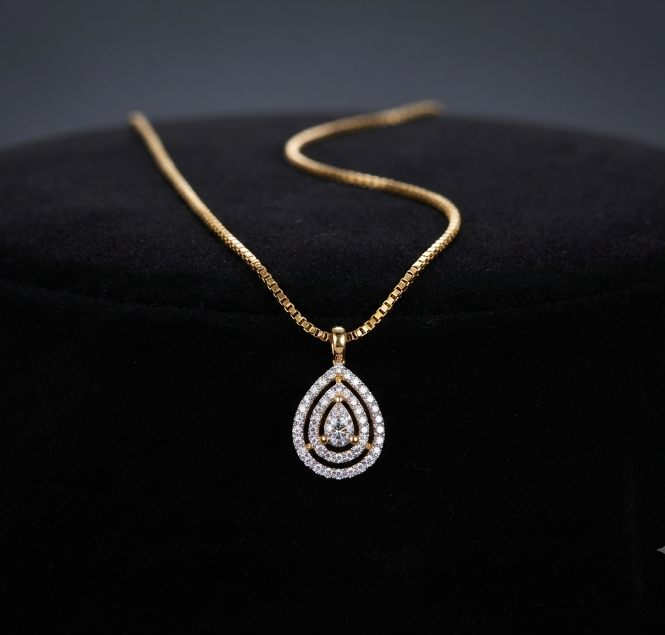 24k Gold Plated Diamond Replica Teardrop Pendant Set with Matching Earrings