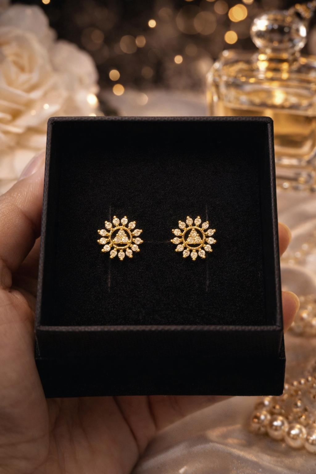 Elegant 24k Gold-Plated Sunburst Diamond Stud Earrings