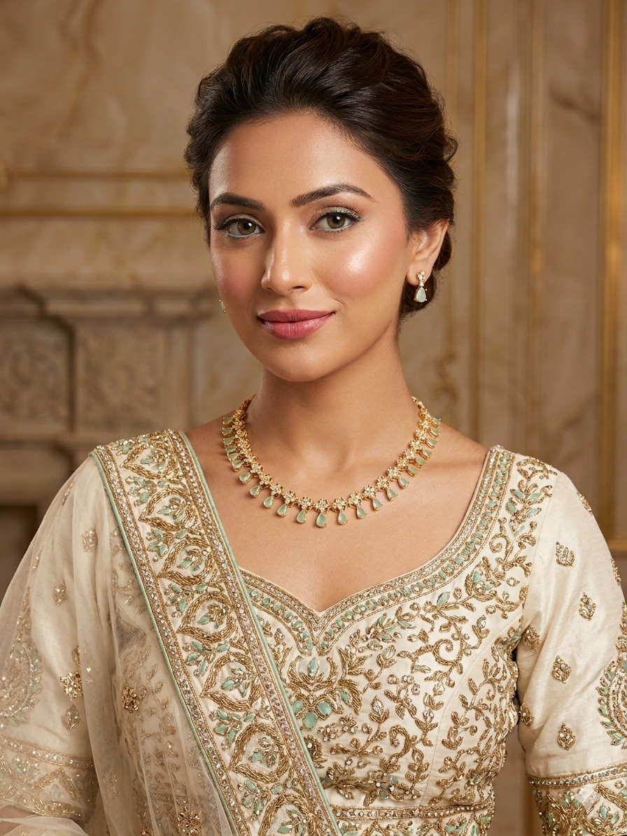 24k Gold Plated Jewellery Set – Green Crystal Teardrop Necklace & Earrings