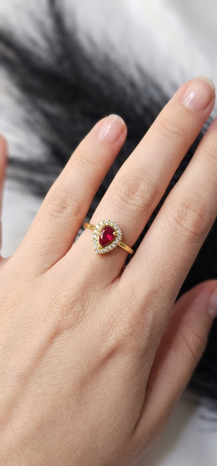 Elegant Pear-Cut Crimson Halo Ring | 24K Gold Plated Adjustable