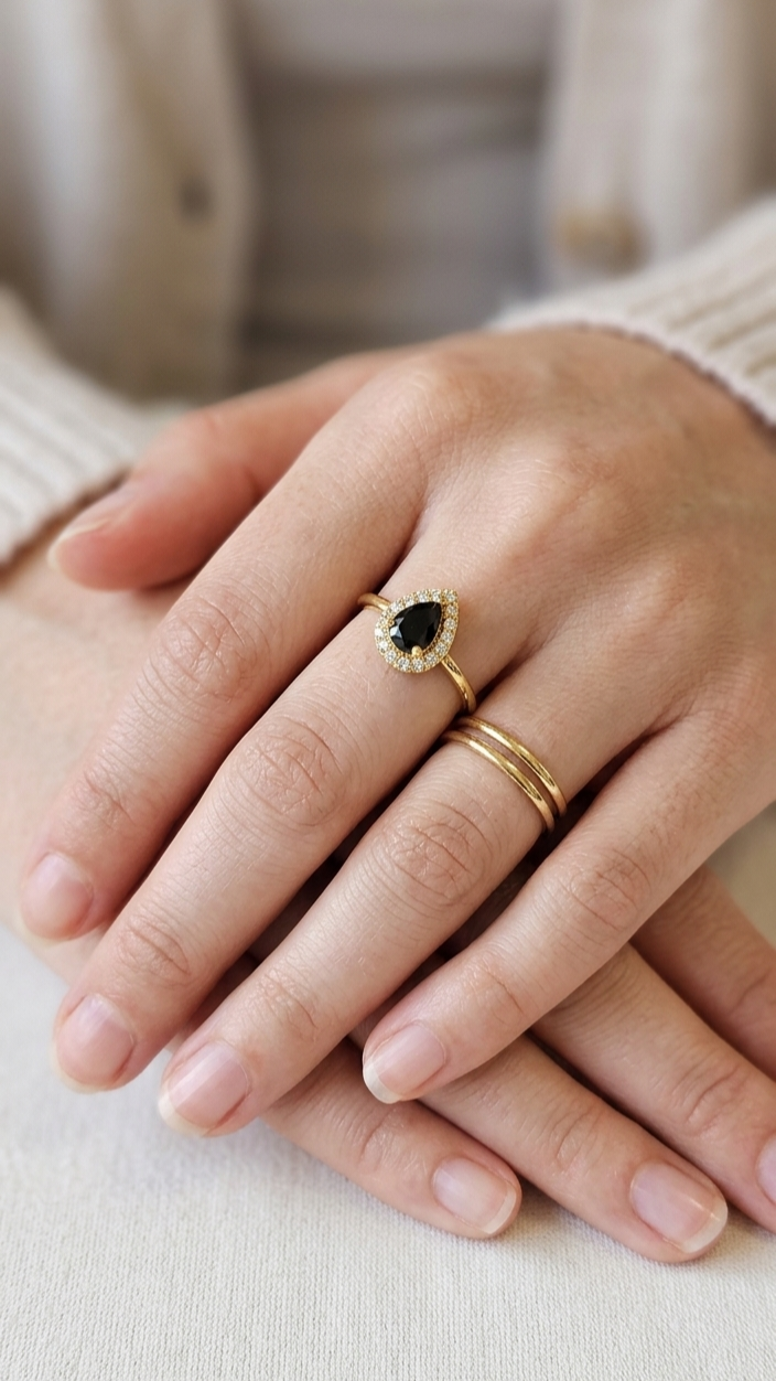 Elegant Pear-Cut Crimson Halo Ring | 24K Gold Plated Adjustable