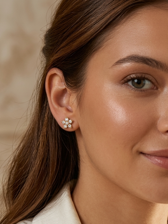 24K Gold Plated Sparkling Sunburst Floral Stud Earrings