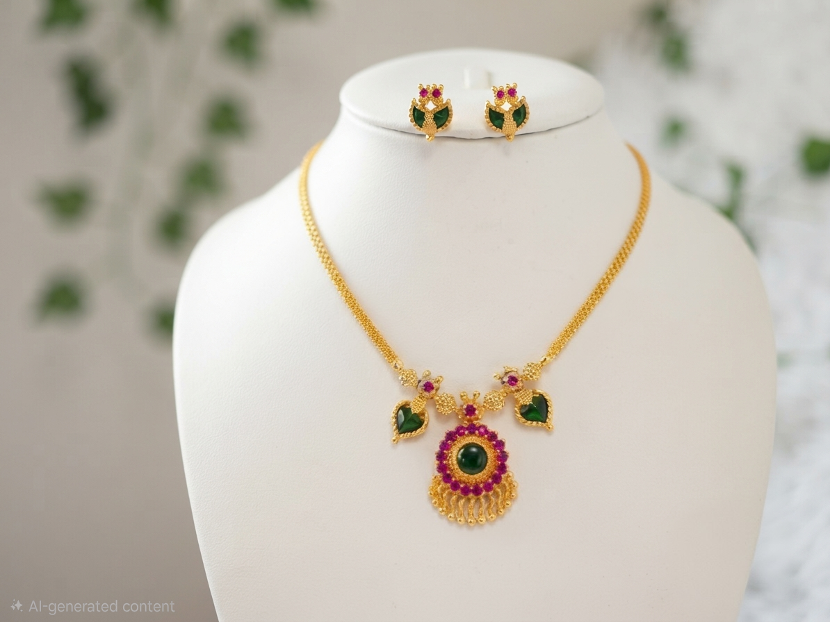 Exquisite 24K Gold-Plated Ruby & Emerald 1 and 2 petal Leaf Necklace Set available. (Earrings not included)