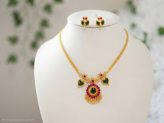 Exquisite 24K Gold-Plated Ruby & Emerald 1 and 2 petal Leaf Necklace Set available. (Earrings not included)