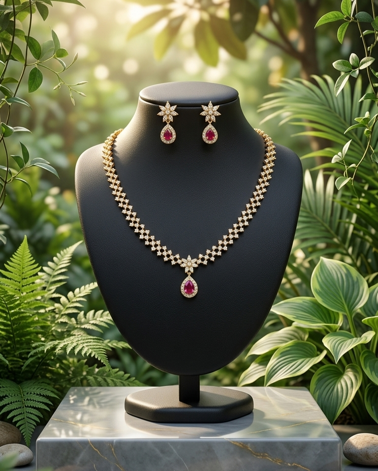 Aura of Royalty – 24K Gold Plated Ruby & Diamond Flora Jewelry Set
