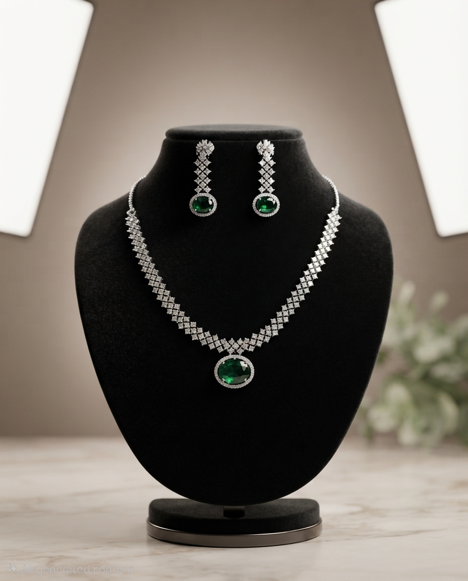 Radiant Green and Red Emerald & Diamond Replica Necklace Set