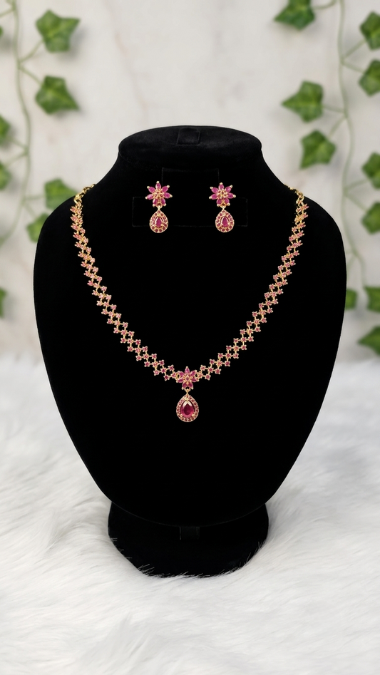 24k Gold Plated Ruby Pink Floral Necklace Set with Matching Earrings